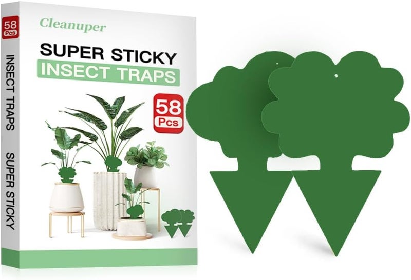 Cleanuper 58 Pack Flying Insect Traps for Plants – Green Sticky Traps for Fungus Gnats, Flies & Flying Bugs, Indoor Outdoor Flying Bug Catcher for Pots, Garden & Kitchen, Non-Toxic, Odorless, Kid & Pet Safe - Image 1
